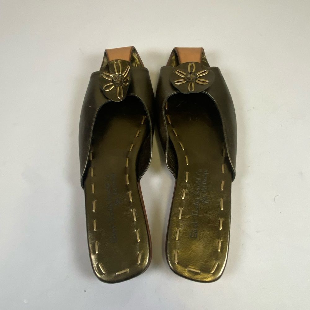 Gold and Tan Sandals with Flat Sole and Peep-Toe Design - Picture 5 of 9